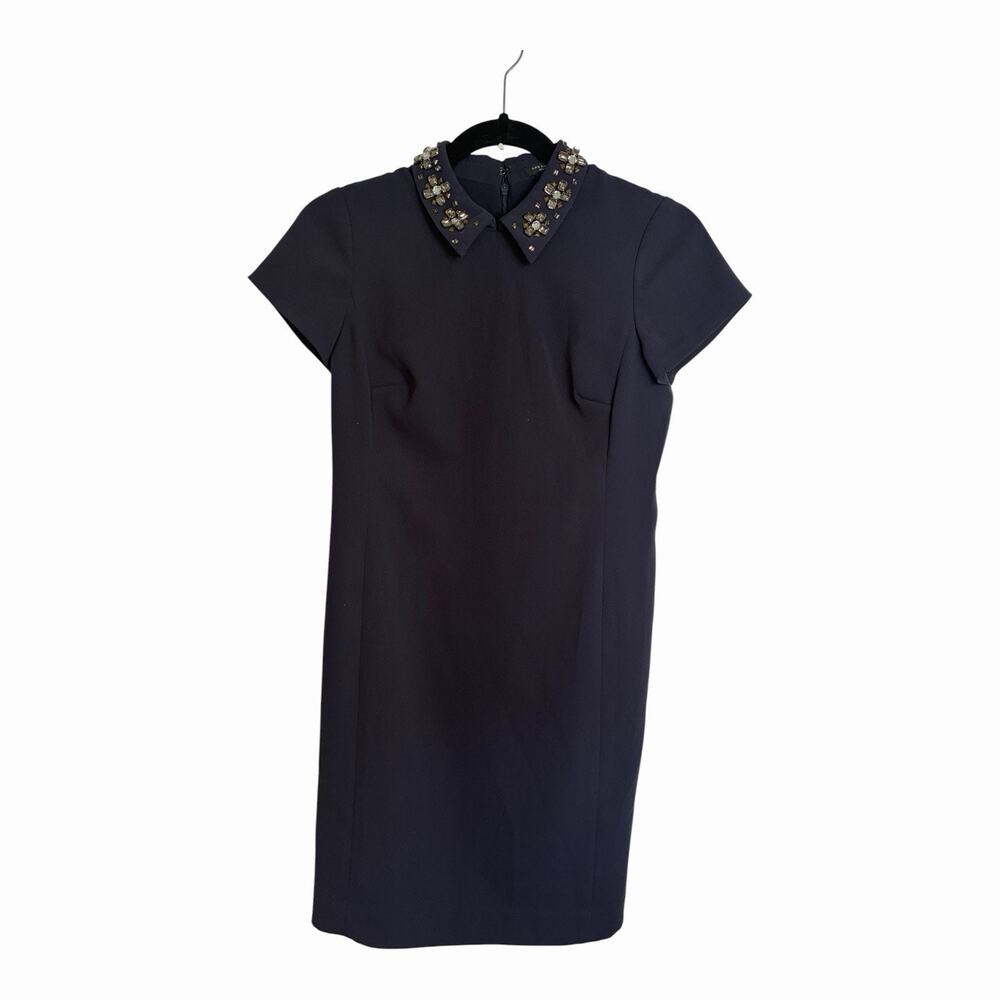 Ann Taylor Petite 0P Navy Embellished Collar Shift Dress Cap Sleeve